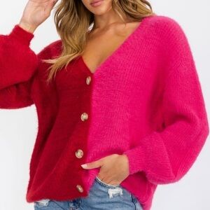NWT Entro Red/Pink Oversized Colorblock Cardigan Sweater, Size Large